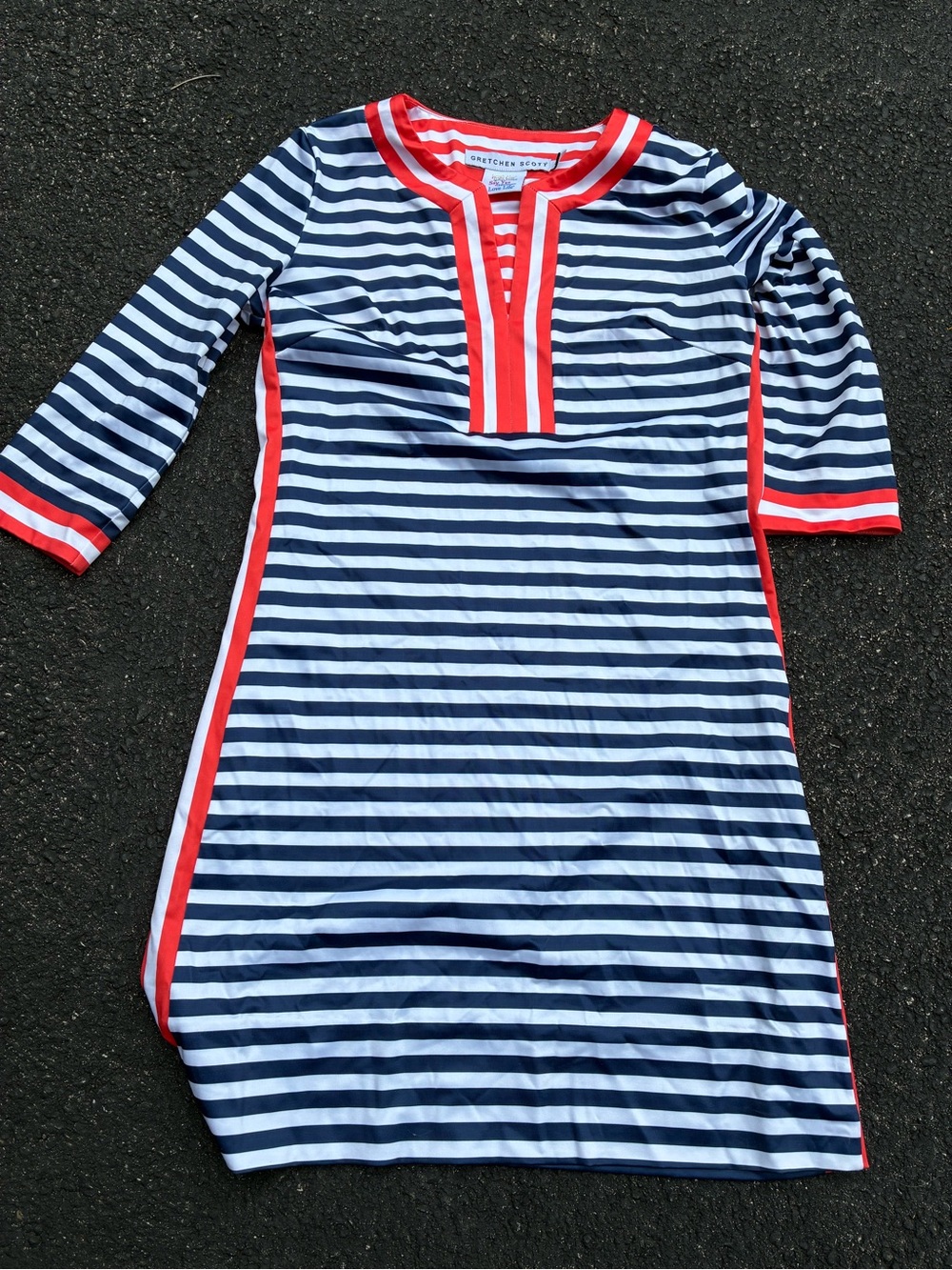Gretchen Scott Designs Navy & White Striped Swim Coverup with Red Trim